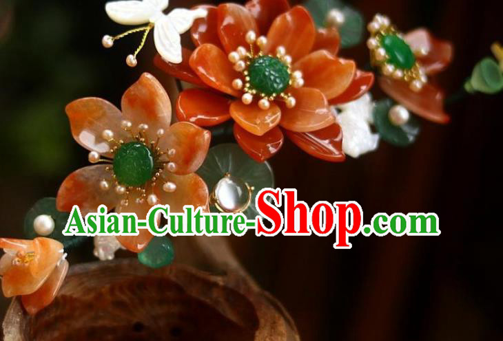 Chinese Ancient Queen Jade Hairpin Traditional Song Dynasty Empress Red Lotus Hair Crown