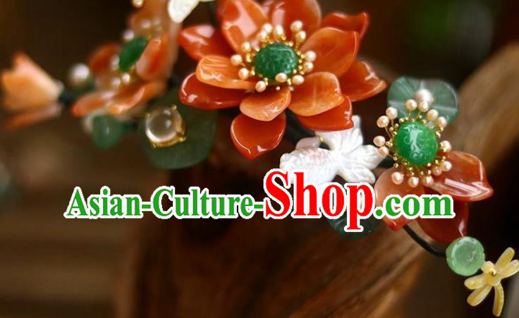 Chinese Ancient Queen Jade Hairpin Traditional Song Dynasty Empress Red Lotus Hair Crown
