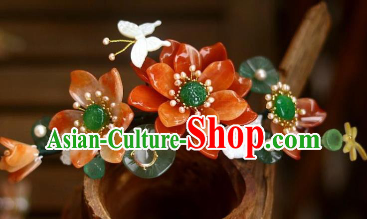 Chinese Ancient Queen Jade Hairpin Traditional Song Dynasty Empress Red Lotus Hair Crown