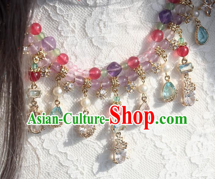 China Traditional Ming Dynasty Amethyst Necklace Handmade Ancient Princess Crystal Tassel Necklet Accessories