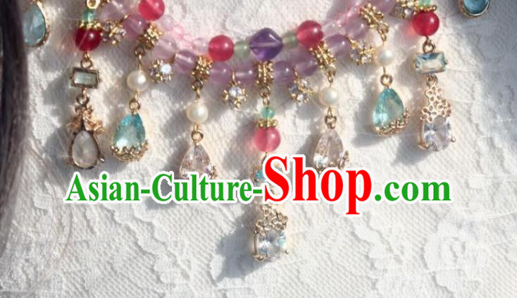 China Traditional Ming Dynasty Amethyst Necklace Handmade Ancient Princess Crystal Tassel Necklet Accessories