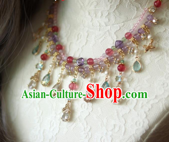 China Traditional Ming Dynasty Amethyst Necklace Handmade Ancient Princess Crystal Tassel Necklet Accessories