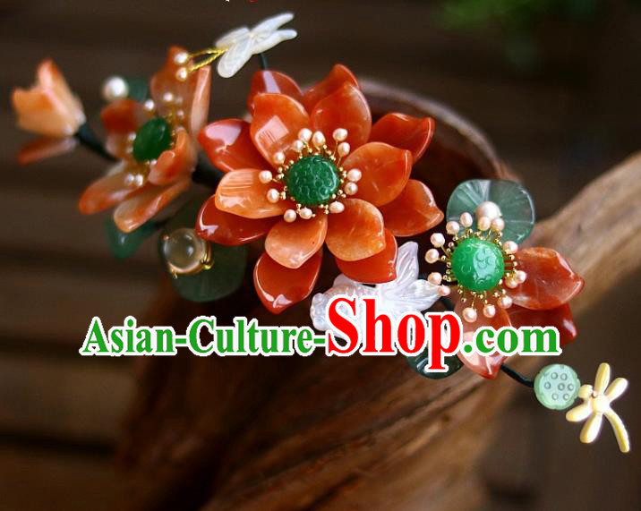 Chinese Ancient Queen Jade Hairpin Traditional Song Dynasty Empress Red Lotus Hair Crown