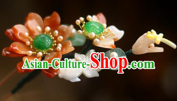 Chinese Ancient Queen Shell Goldfish Hairpin Traditional Song Dynasty Empress Red Lotus Hair Stick