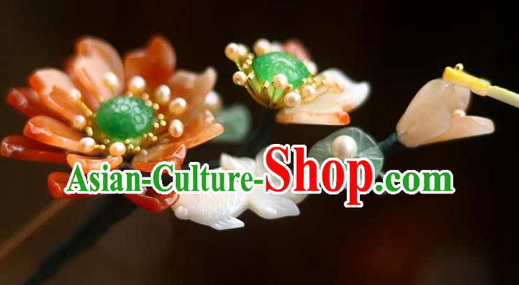 Chinese Ancient Queen Shell Goldfish Hairpin Traditional Song Dynasty Empress Red Lotus Hair Stick