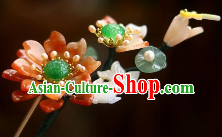 Chinese Ancient Queen Shell Goldfish Hairpin Traditional Song Dynasty Empress Red Lotus Hair Stick