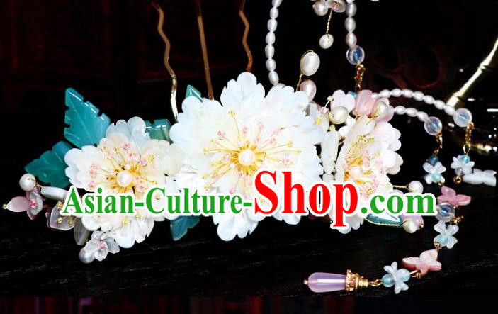Chinese Ancient Princess Shell Peony Hairpin Traditional Song Dynasty Court Tassel Hair Stick