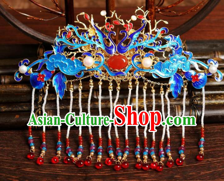 Chinese Ancient Palace Lady Beads Tassel Hairpin Traditional Ming Dynasty Imperial Concubine Blueing Phoenix Hair Crown