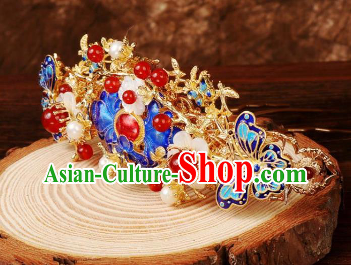 Chinese Ancient Court Queen Shell Plum Hairpin Traditional Ming Dynasty Blueing Peony Hair Crown