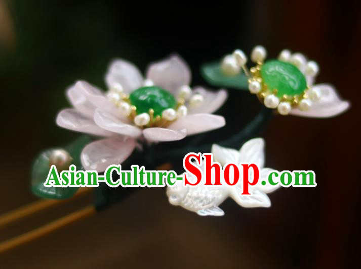 Chinese Ancient Princess Shell Goldfish Hairpin Traditional Song Dynasty Rose Quartz Lotus Hair Stick