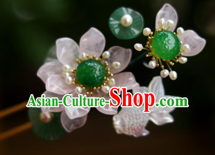 Chinese Ancient Princess Shell Goldfish Hairpin Traditional Song Dynasty Rose Quartz Lotus Hair Stick