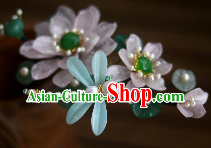Chinese Ancient Princess Rose Quartz Lotus Hairpin Traditional Song Dynasty Pearls Dragonfly Hair Stick