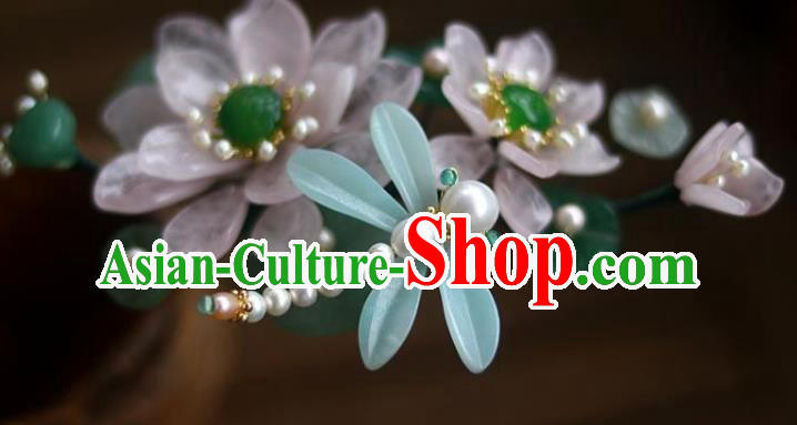 Chinese Ancient Princess Rose Quartz Lotus Hairpin Traditional Song Dynasty Pearls Dragonfly Hair Stick