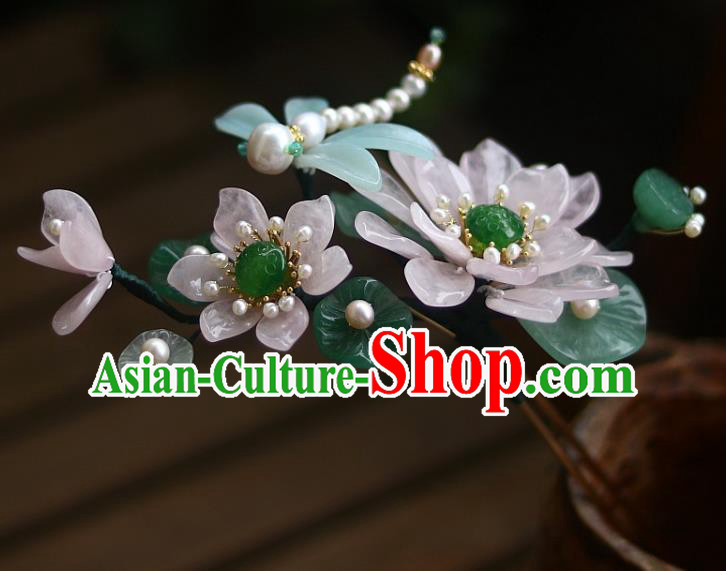 Chinese Ancient Princess Rose Quartz Lotus Hairpin Traditional Song Dynasty Pearls Dragonfly Hair Stick