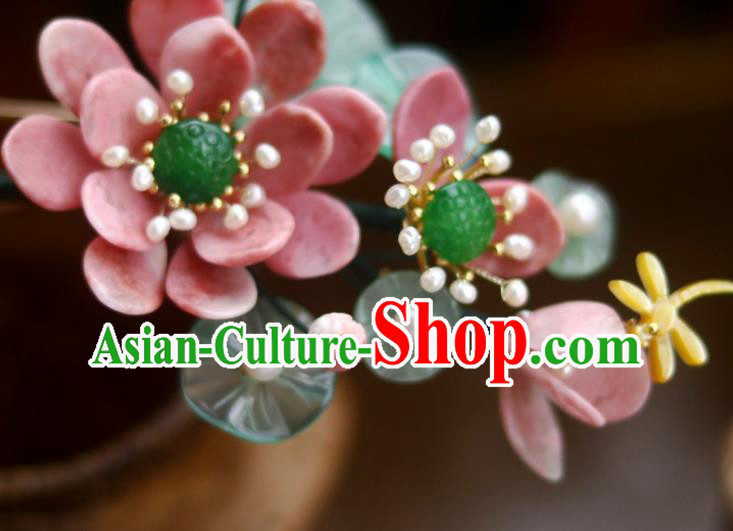 Chinese Ancient Princess Red Lotus Hairpin Traditional Song Dynasty Jade Pearls Hair Stick
