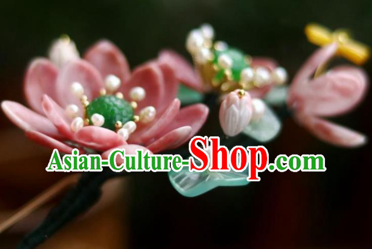 Chinese Ancient Princess Red Lotus Hairpin Traditional Song Dynasty Jade Pearls Hair Stick