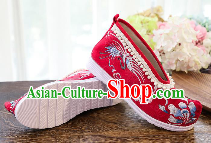 China Ancient Ming Dynasty Shoes National Embroidered Crane Red Shoes Traditional Hanfu Pearls Shoes