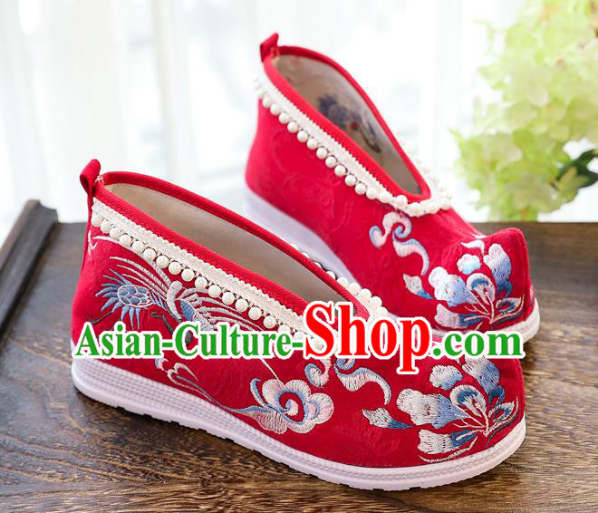China Ancient Ming Dynasty Shoes National Embroidered Crane Red Shoes Traditional Hanfu Pearls Shoes
