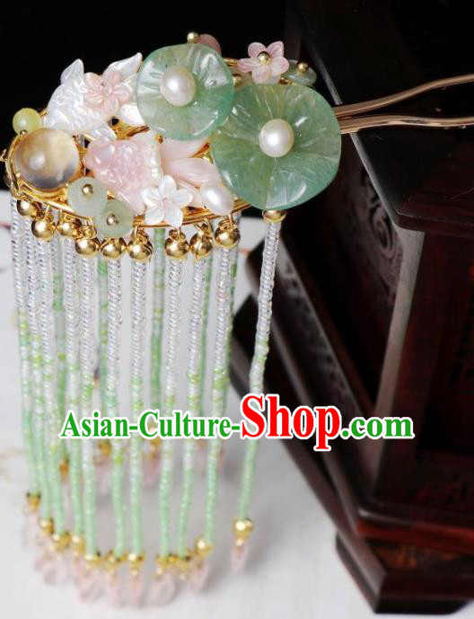 Chinese Ancient Princess Fish Lotus Leaf Hairpin Traditional Song Dynasty Beads Tassel Hair Clip
