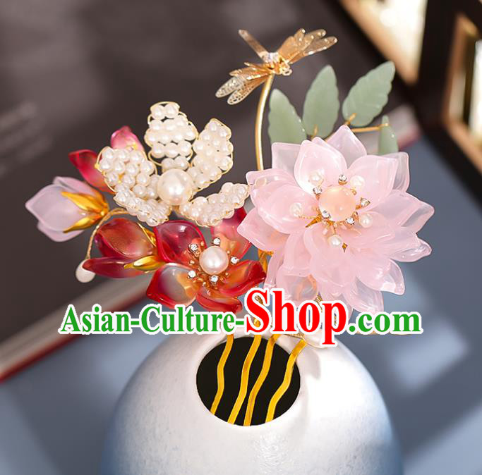 Chinese Ancient Princess Golden Dragonfly Hairpin Traditional Song Dynasty Pink Lotus Hair Comb
