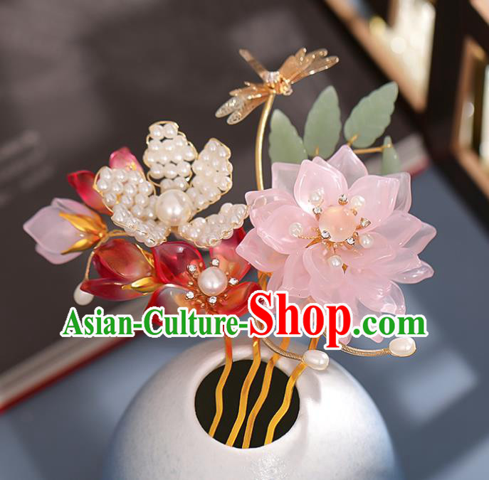 Chinese Ancient Princess Golden Dragonfly Hairpin Traditional Song Dynasty Pink Lotus Hair Comb