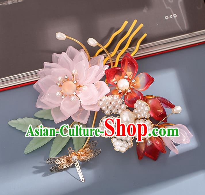 Chinese Ancient Princess Golden Dragonfly Hairpin Traditional Song Dynasty Pink Lotus Hair Comb