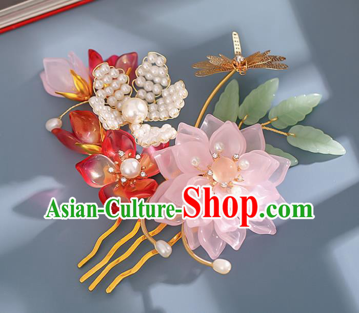 Chinese Ancient Princess Golden Dragonfly Hairpin Traditional Song Dynasty Pink Lotus Hair Comb