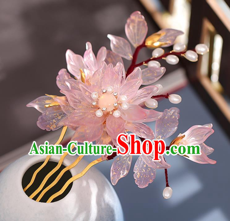 Chinese Ancient Hair Accessories Princess Hairpin Traditional Hanfu Pink Flowers Hair Comb