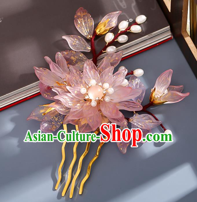 Chinese Ancient Hair Accessories Princess Hairpin Traditional Hanfu Pink Flowers Hair Comb