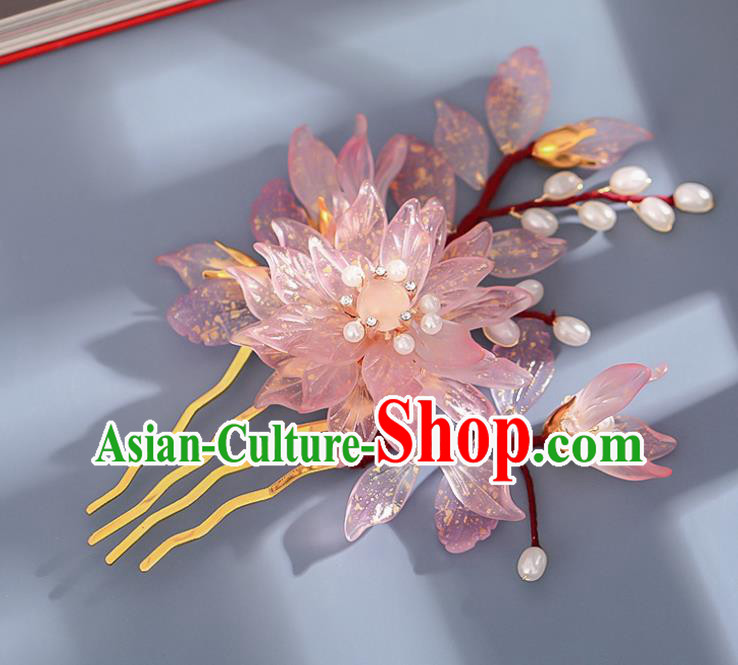 Chinese Ancient Hair Accessories Princess Hairpin Traditional Hanfu Pink Flowers Hair Comb