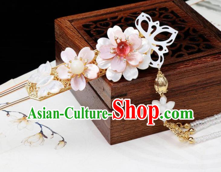 Chinese Ancient Princess Beads Tassel Hairpin Traditional Tang Dynasty Shell Sakura Hair Stick