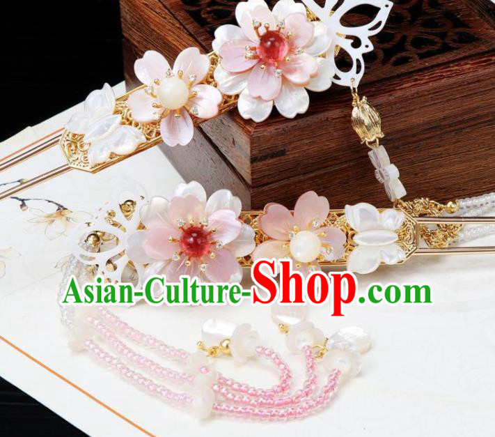 Chinese Ancient Princess Beads Tassel Hairpin Traditional Tang Dynasty Shell Sakura Hair Stick