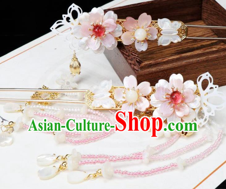Chinese Ancient Princess Beads Tassel Hairpin Traditional Tang Dynasty Shell Sakura Hair Stick