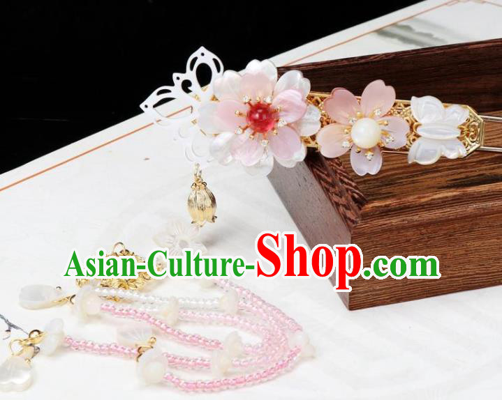 Chinese Ancient Princess Beads Tassel Hairpin Traditional Tang Dynasty Shell Sakura Hair Stick