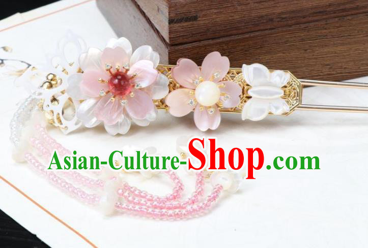 Chinese Ancient Princess Beads Tassel Hairpin Traditional Tang Dynasty Shell Sakura Hair Stick