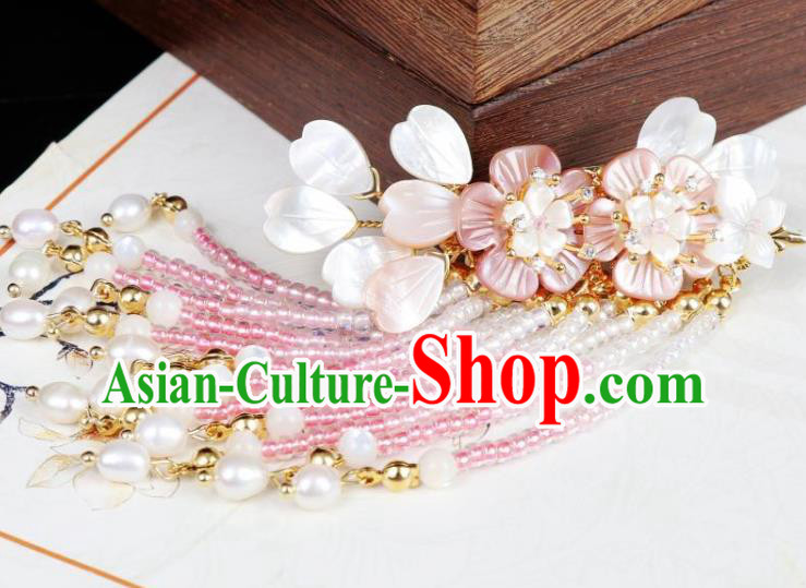 Chinese Ancient Princess Shell Plum Hair Stick Traditional Tang Dynasty Pearls Tassel Hair Claws