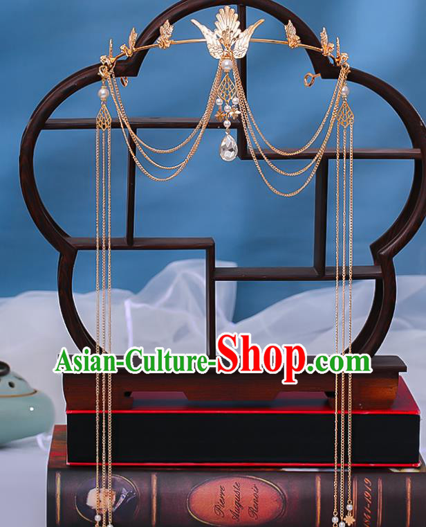 Chinese Ancient Empress Golden Phoenix Hair Crown Traditional Ming Dynasty Wedding Tassel Hair Clasp