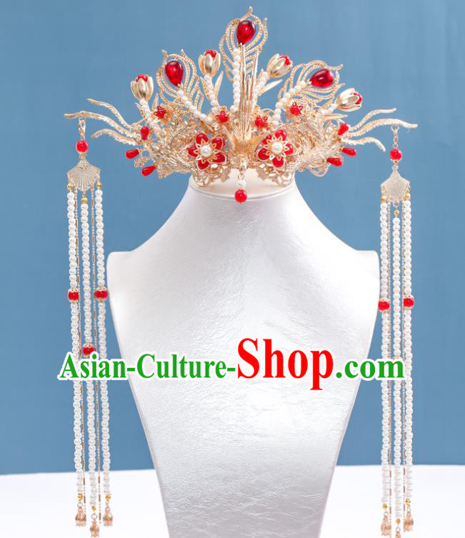 Chinese Traditional Ming Dynasty Wedding Hair Accessories Ancient Empress Golden Phoenix Coronet