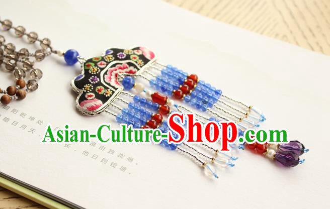 China Handmade Embroidered Necklet Traditional Cheongsam Blue Beads Tassel Necklace Accessories