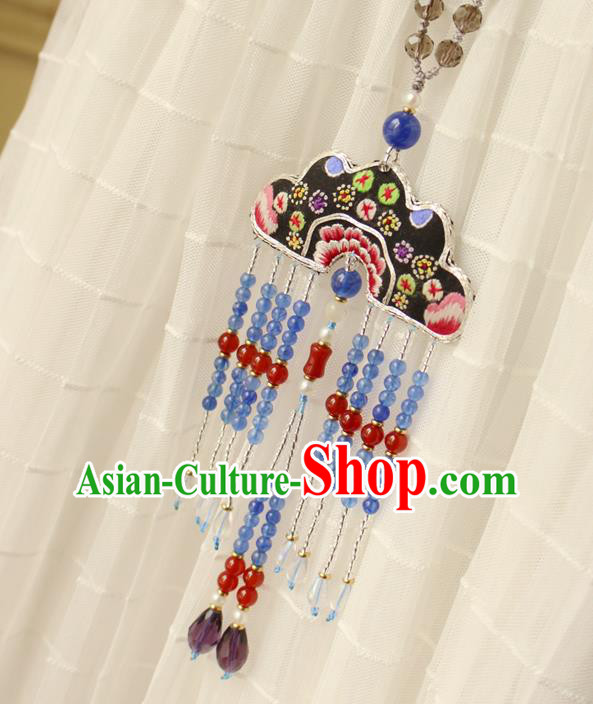 China Handmade Embroidered Necklet Traditional Cheongsam Blue Beads Tassel Necklace Accessories