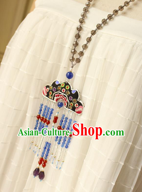China Handmade Embroidered Necklet Traditional Cheongsam Blue Beads Tassel Necklace Accessories