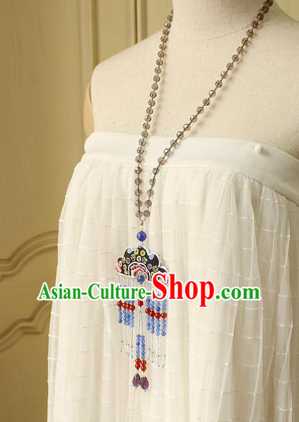 China Handmade Embroidered Necklet Traditional Cheongsam Blue Beads Tassel Necklace Accessories