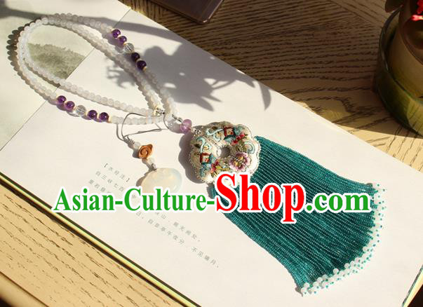 China Handmade Green Beads Tassel Necklet Accessories Traditional Cheongsam Embroidered Sachet Necklace