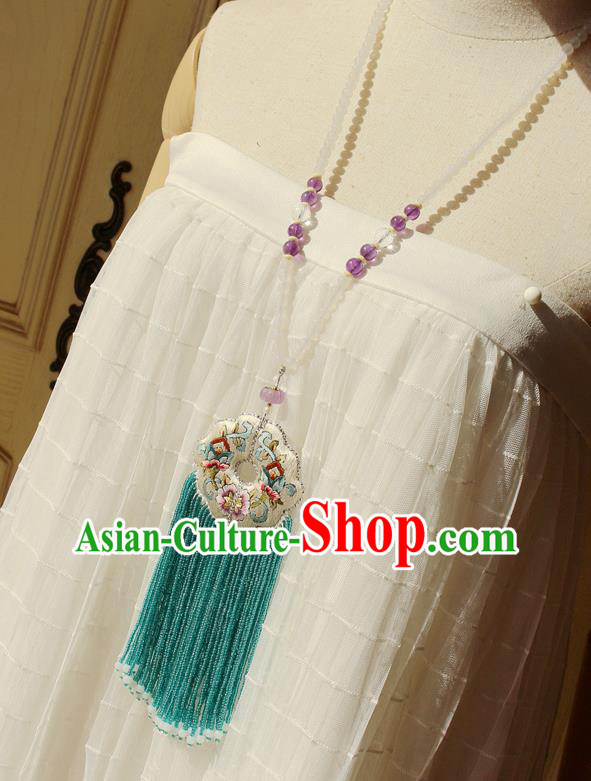 China Handmade Green Beads Tassel Necklet Accessories Traditional Cheongsam Embroidered Sachet Necklace