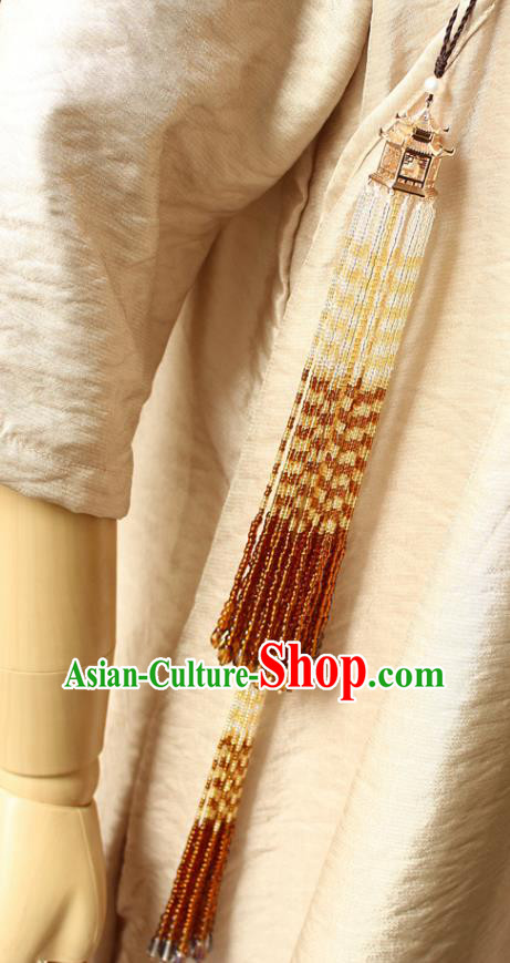 Chinese National Beads Tassel Pendant Classical Qipao Dress Golden Pavilion Brooch