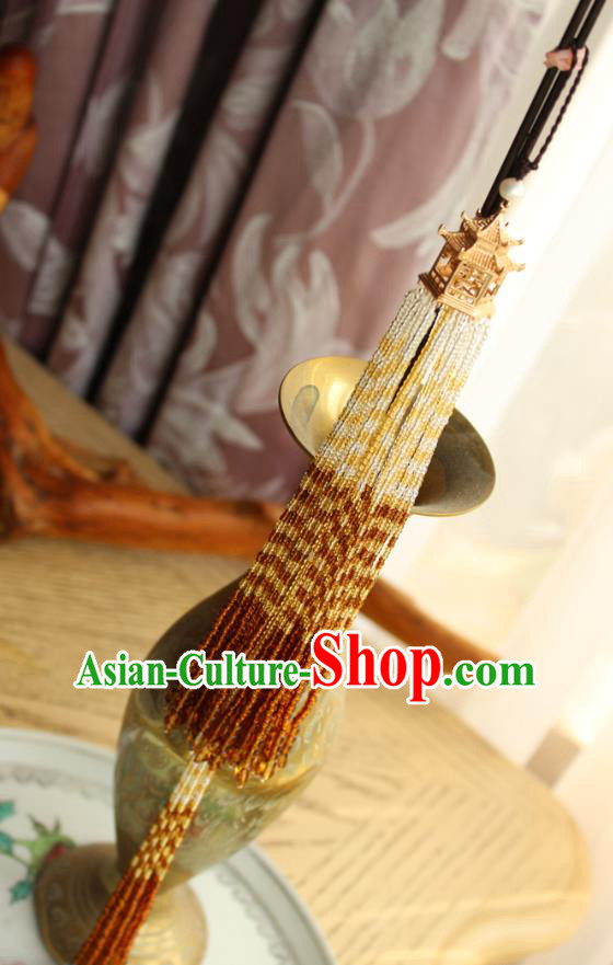 Chinese National Beads Tassel Pendant Classical Qipao Dress Golden Pavilion Brooch