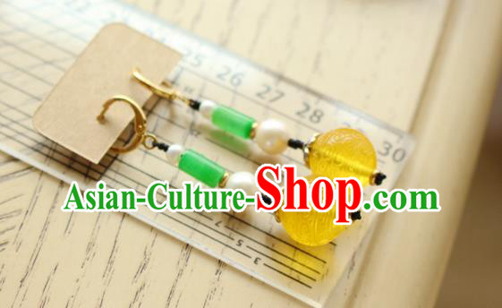 China Classical Cheongsam Beeswax Carving Ear Jewelry Handmade National Jade Pearl Earrings