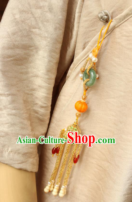 Chinese National Golden Gourd Tassel Pendant Classical Qipao Dress Jade Peace Buckle Brooch
