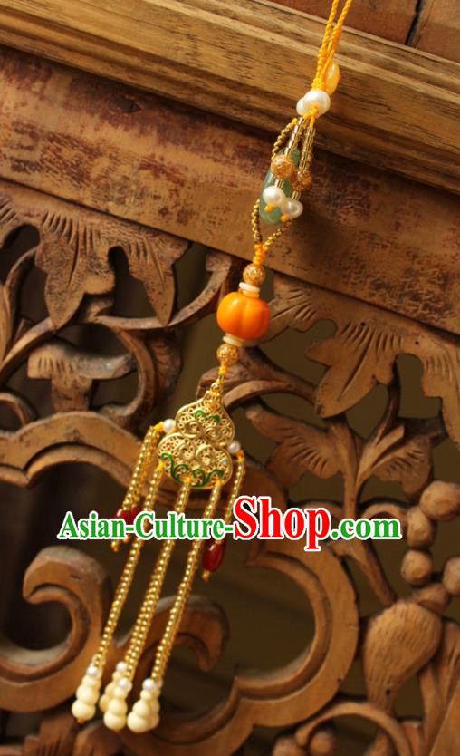 Chinese National Golden Gourd Tassel Pendant Classical Qipao Dress Jade Peace Buckle Brooch