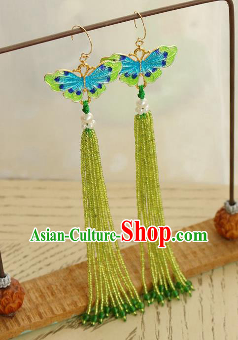 China Classical Cheongsam Green Beads Tassel Ear Jewelry Handmade National Blueing Butterfly Earrings
